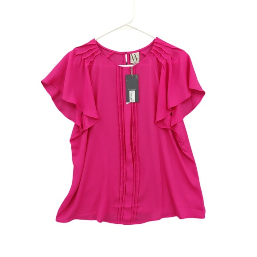 Worthington Womens Vibrant Romantic‎ Flutter Sleeve Blouse PL Pink Pintuck NEW